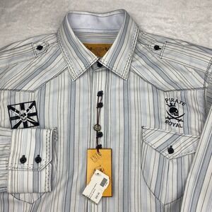 Enzo Denim Mens XL White Striped Shirt Embroidered Button Up NWT Long Sleeve